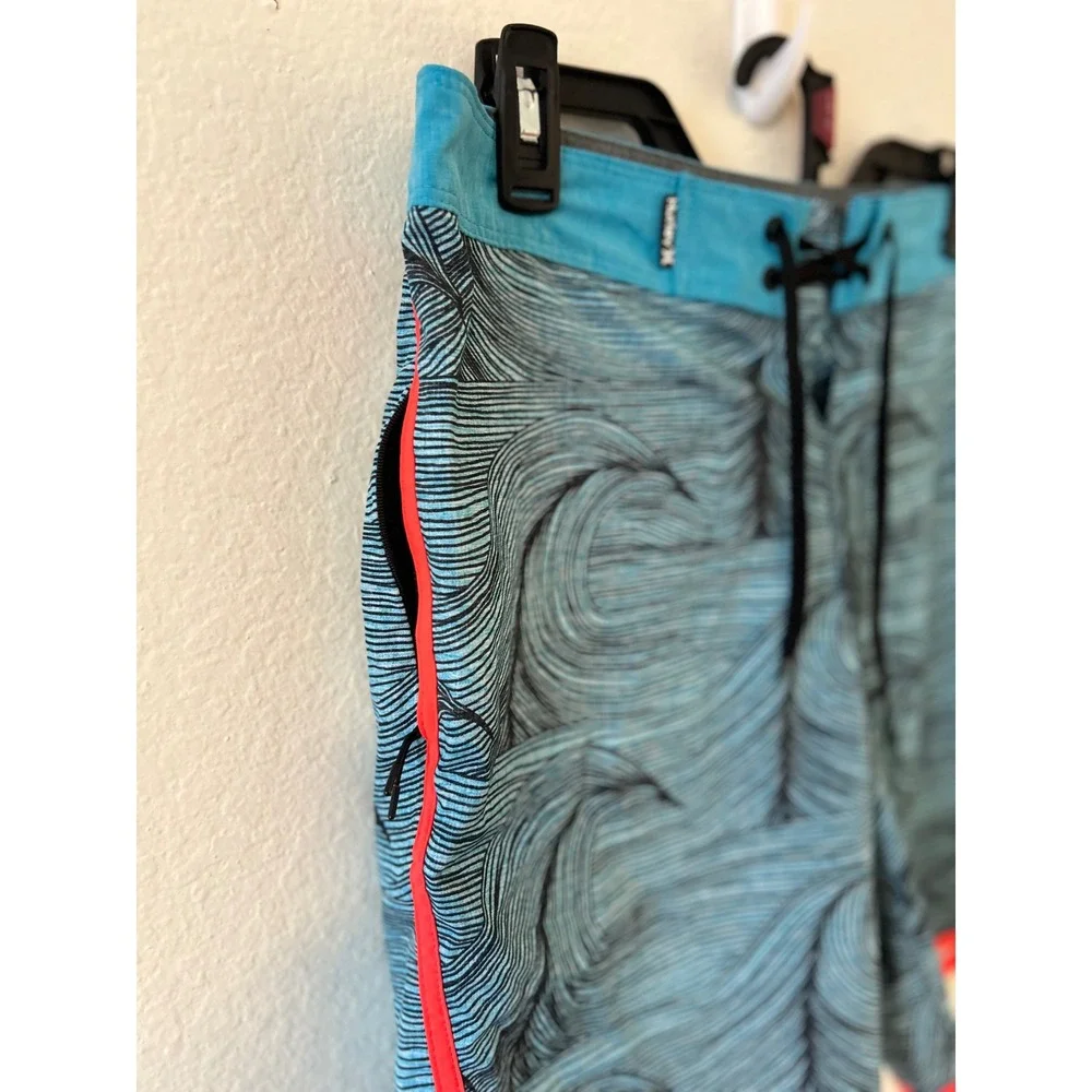 Hurley Phantom Mens Board Shorts Size 30 Blue Black Wave Print‎ Orange Trim